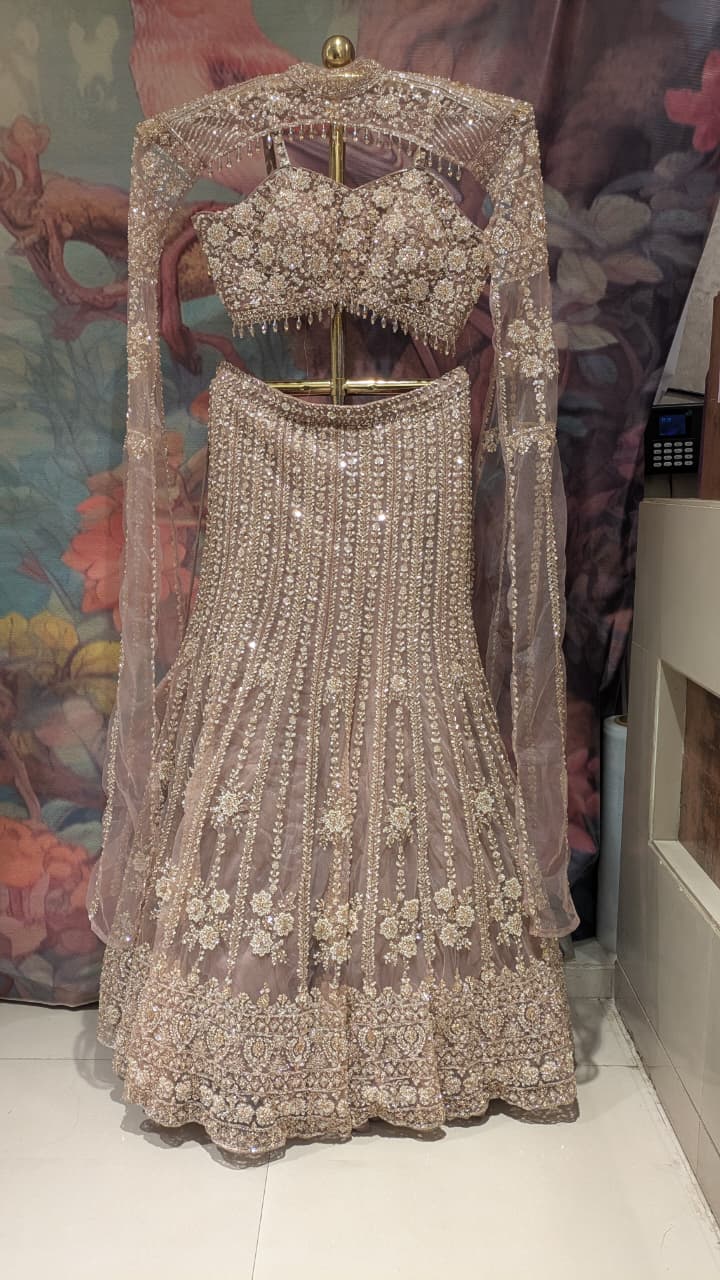 Celestial Champagne-Gray Fish-Cut Lehenga Choli Set.