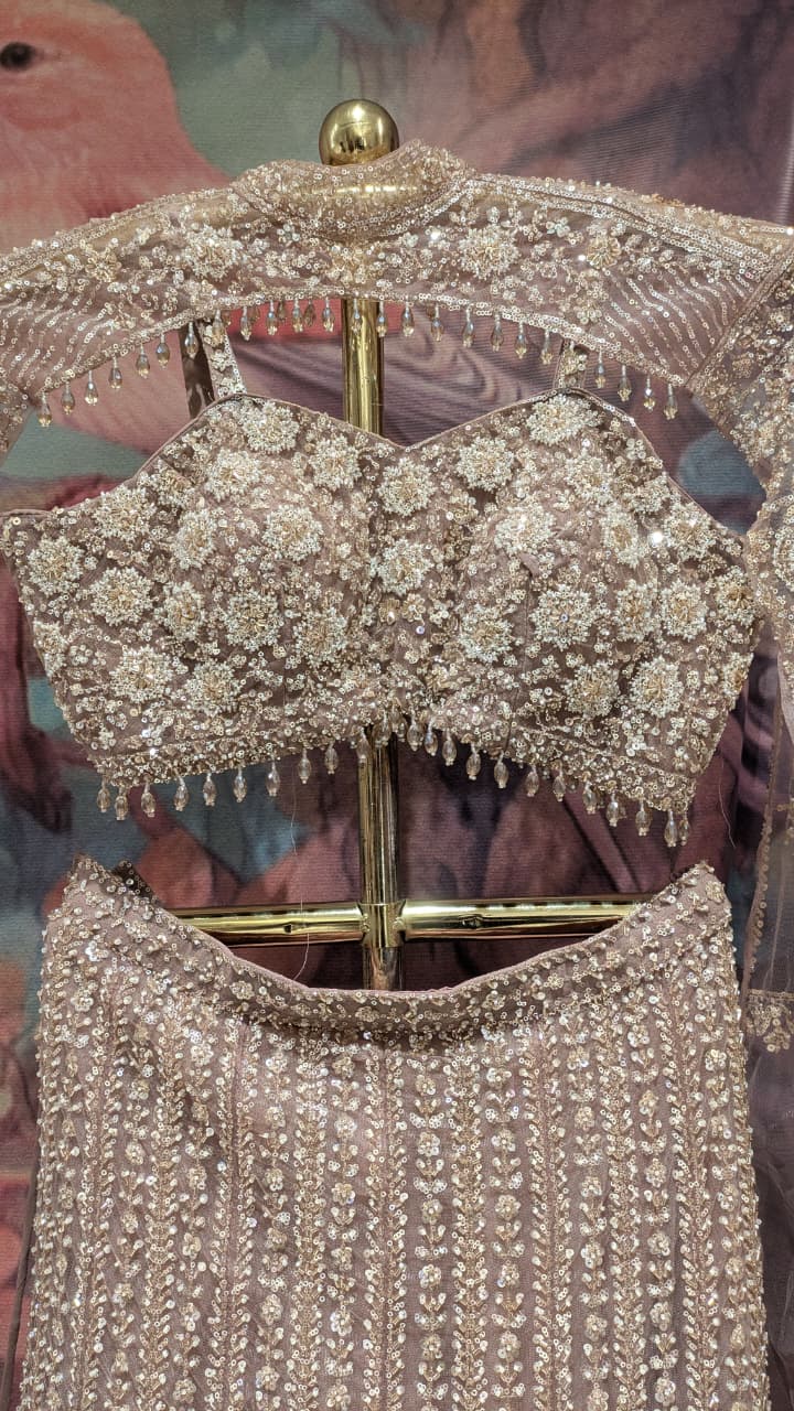 Celestial Champagne-Gray Fish-Cut Lehenga Choli Set.