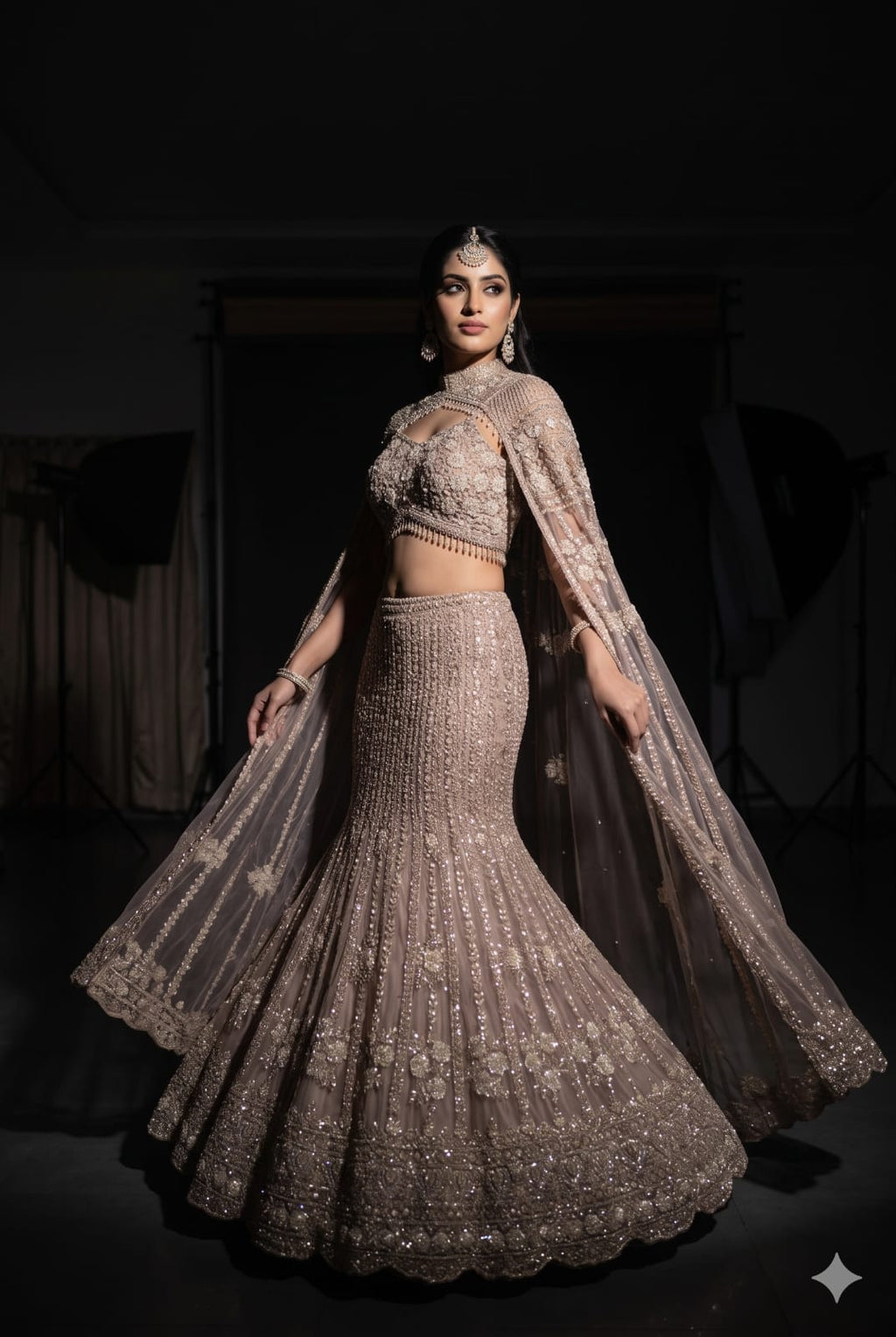 Celestial Champagne-Gray Fish-Cut Lehenga Choli Set.