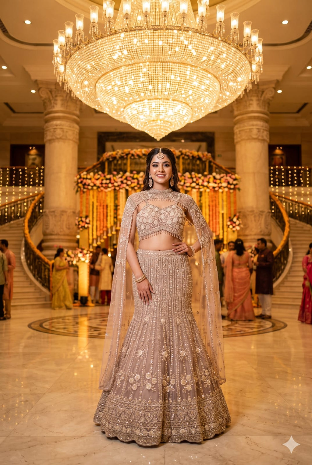 Celestial Champagne-Gray Fish-Cut Lehenga Choli Set.