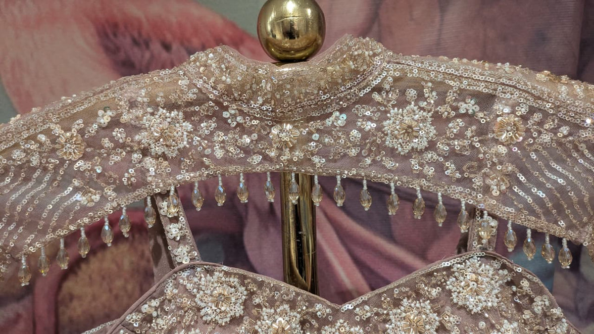 Celestial Champagne-Gray Fish-Cut Lehenga Choli Set.