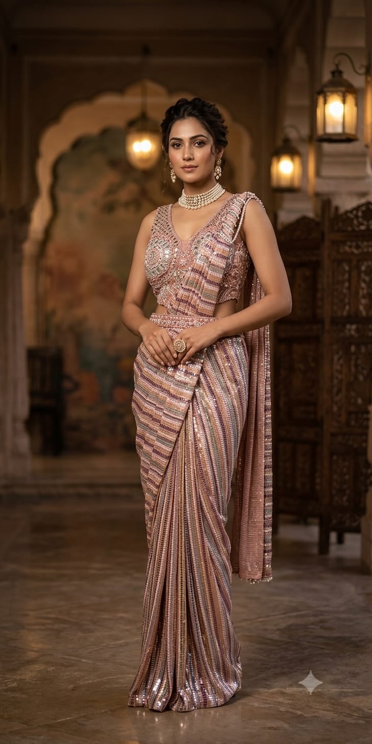Rose Gold Multi-Tone Striped Sequin Ready-to-Wear Saree.