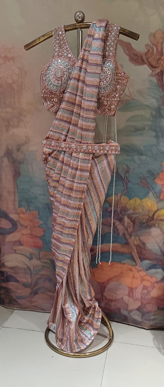 Rose Gold Multi-Tone Striped Sequin Ready-to-Wear Saree.