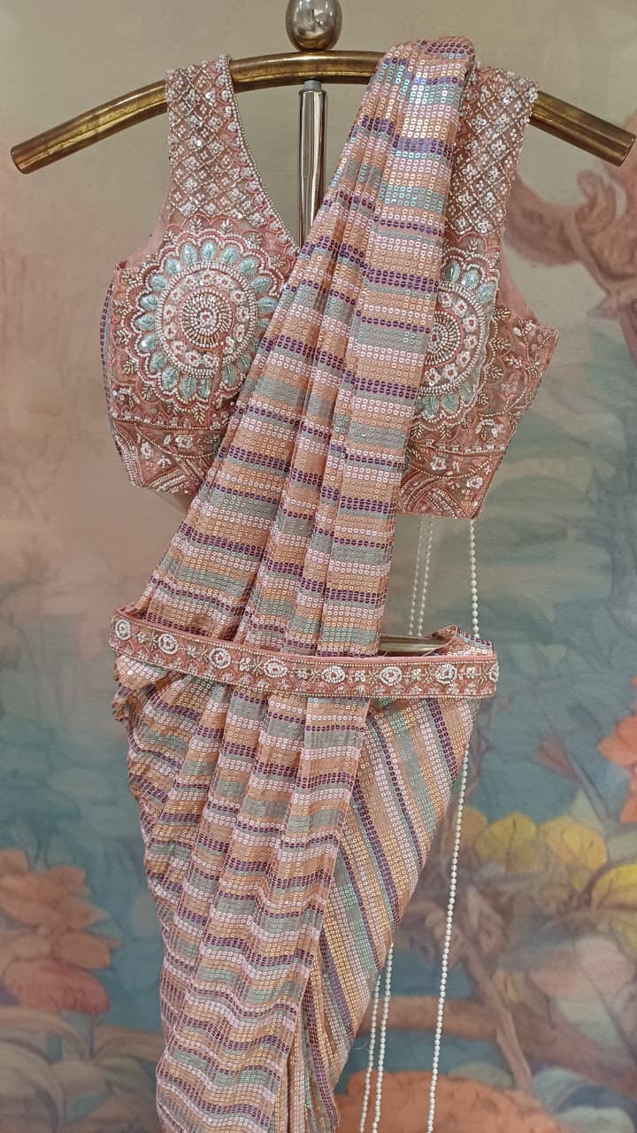 Rose Gold Multi-Tone Striped Sequin Ready-to-Wear Saree.