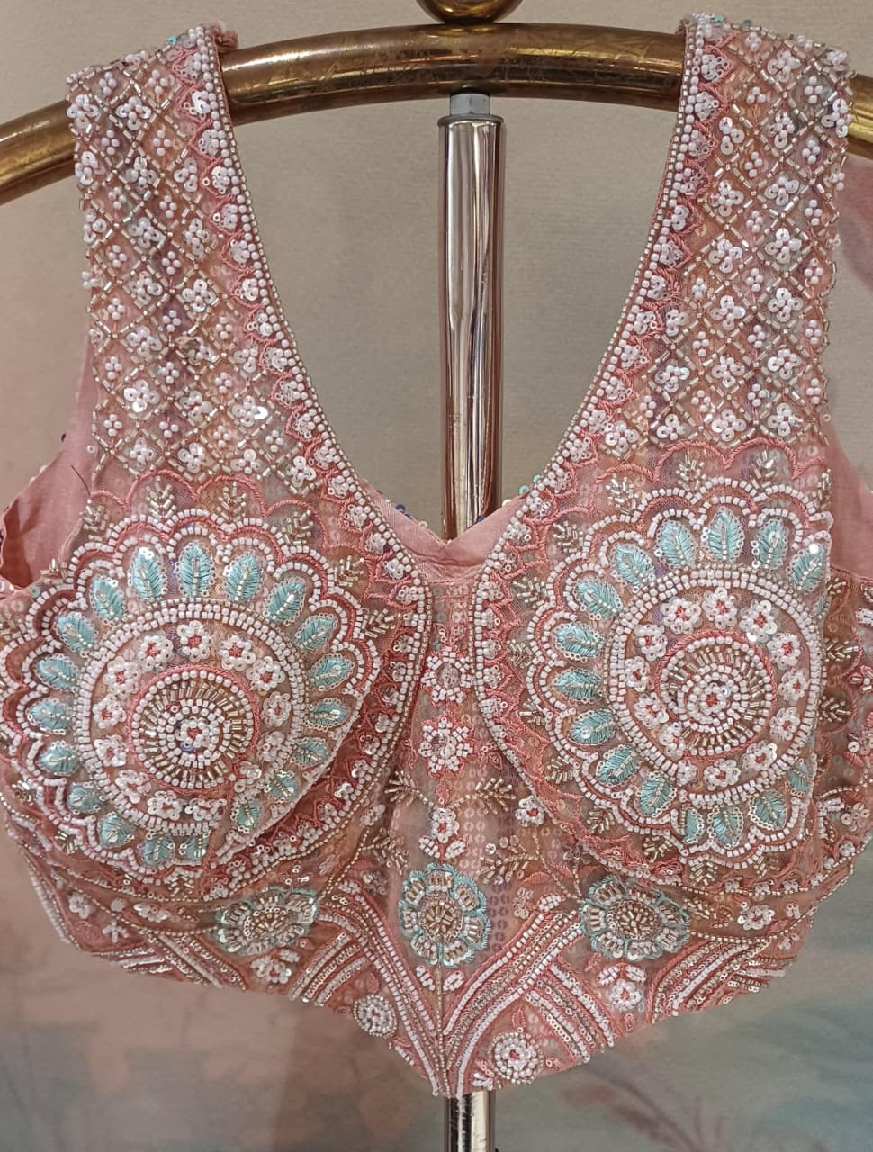 Rose Gold Multi-Tone Striped Sequin Ready-to-Wear Saree.