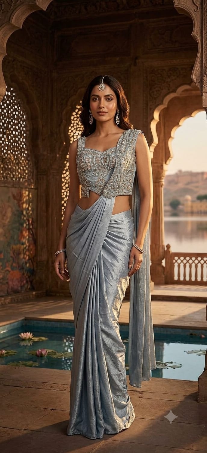 Ice Blue Metallic Ready-to-Wear Saree with Corset-Style Blouse.