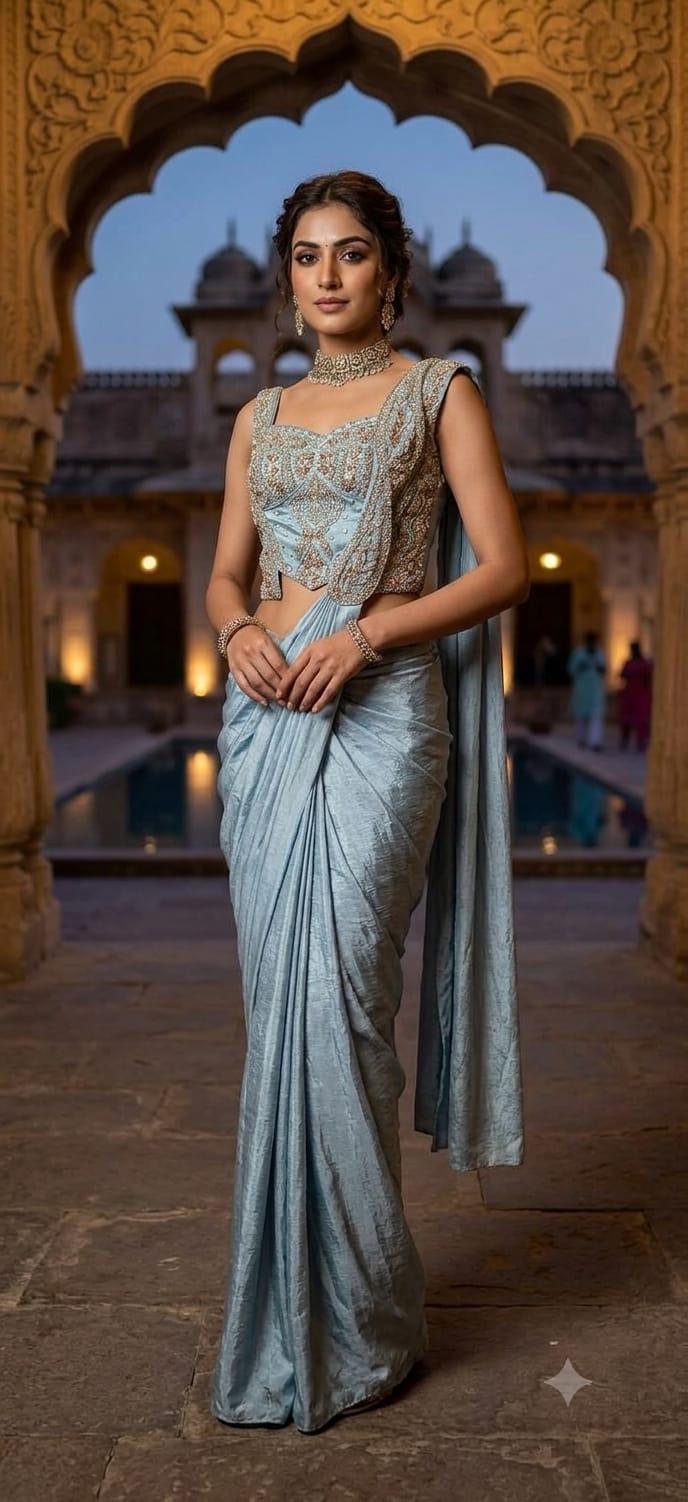 Ice Blue Metallic Ready-to-Wear Saree with Corset-Style Blouse.