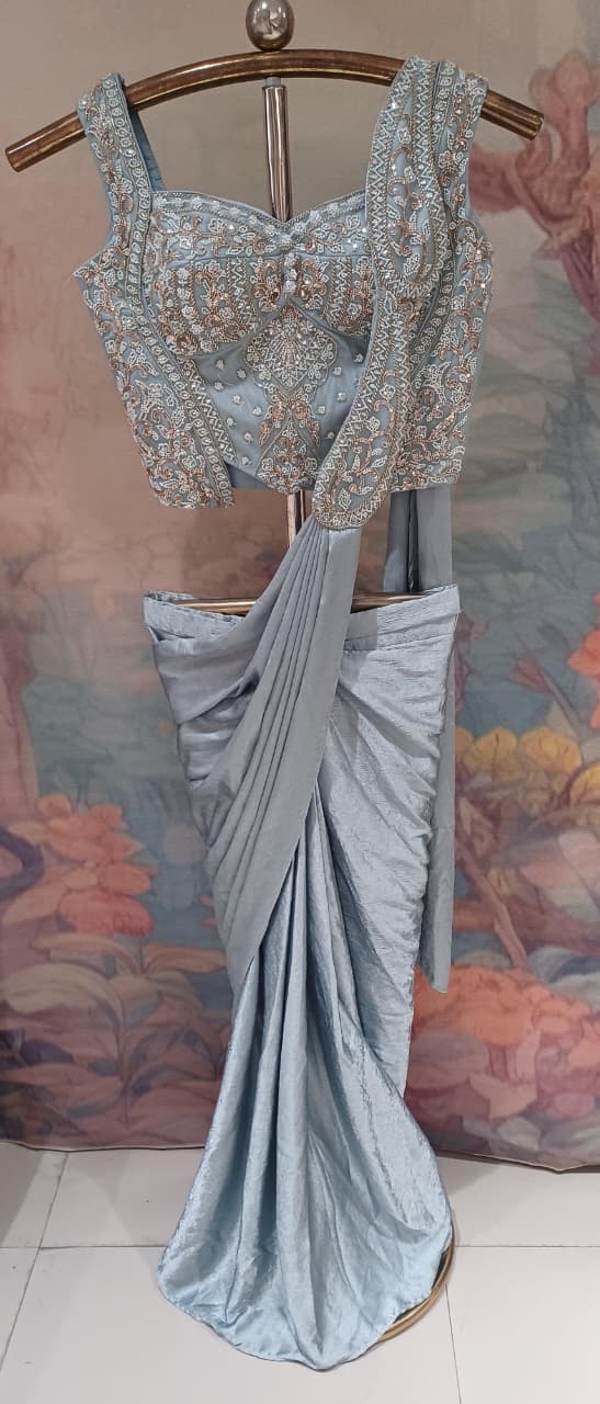 Ice Blue Metallic Ready-to-Wear Saree with Corset-Style Blouse.