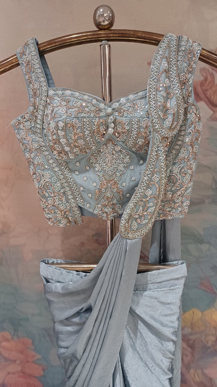Ice Blue Metallic Ready-to-Wear Saree with Corset-Style Blouse.