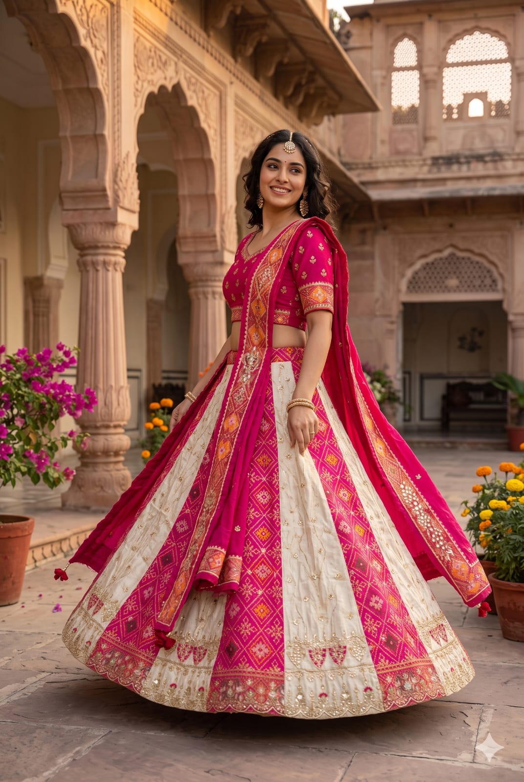 Patola Lehenga – Unstitched Ivory & Rani Pink Silk Lehenga Choli Set.