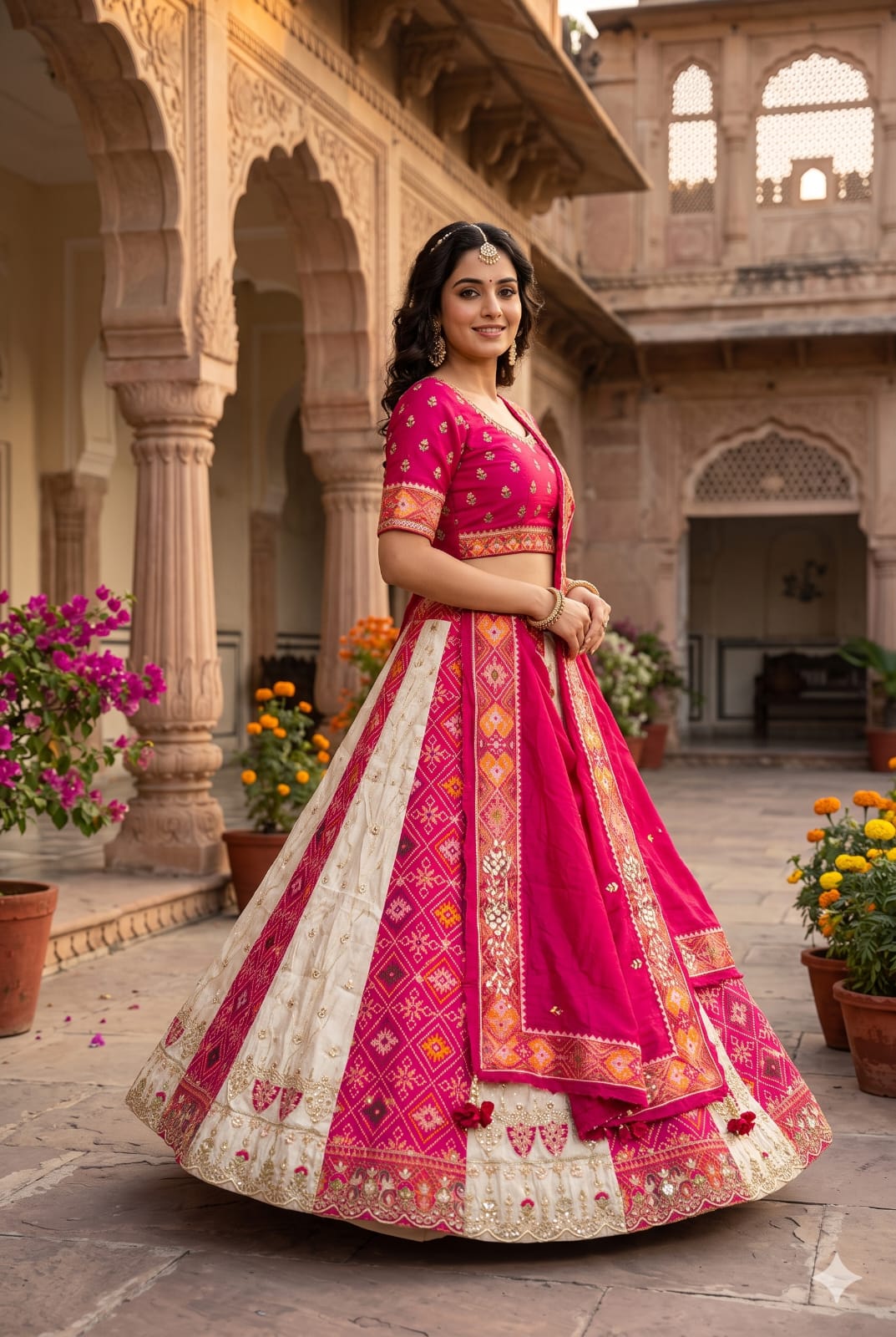 Patola Lehenga – Unstitched Ivory & Rani Pink Silk Lehenga Choli Set.