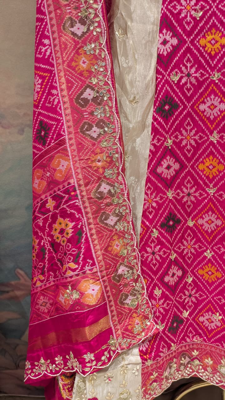 Patola Lehenga – Unstitched Ivory & Rani Pink Silk Lehenga Choli Set.