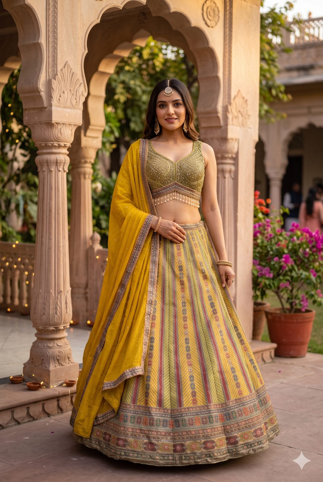 Radiant Ochre & Olive Gold Embellished Silk Lehenga Set.
