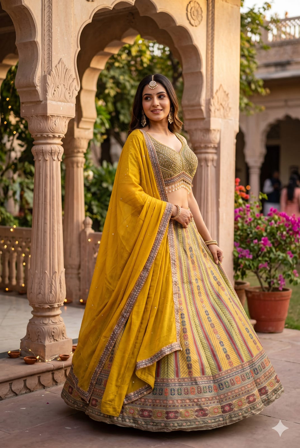 Radiant Ochre & Olive Gold Embellished Silk Lehenga Set.