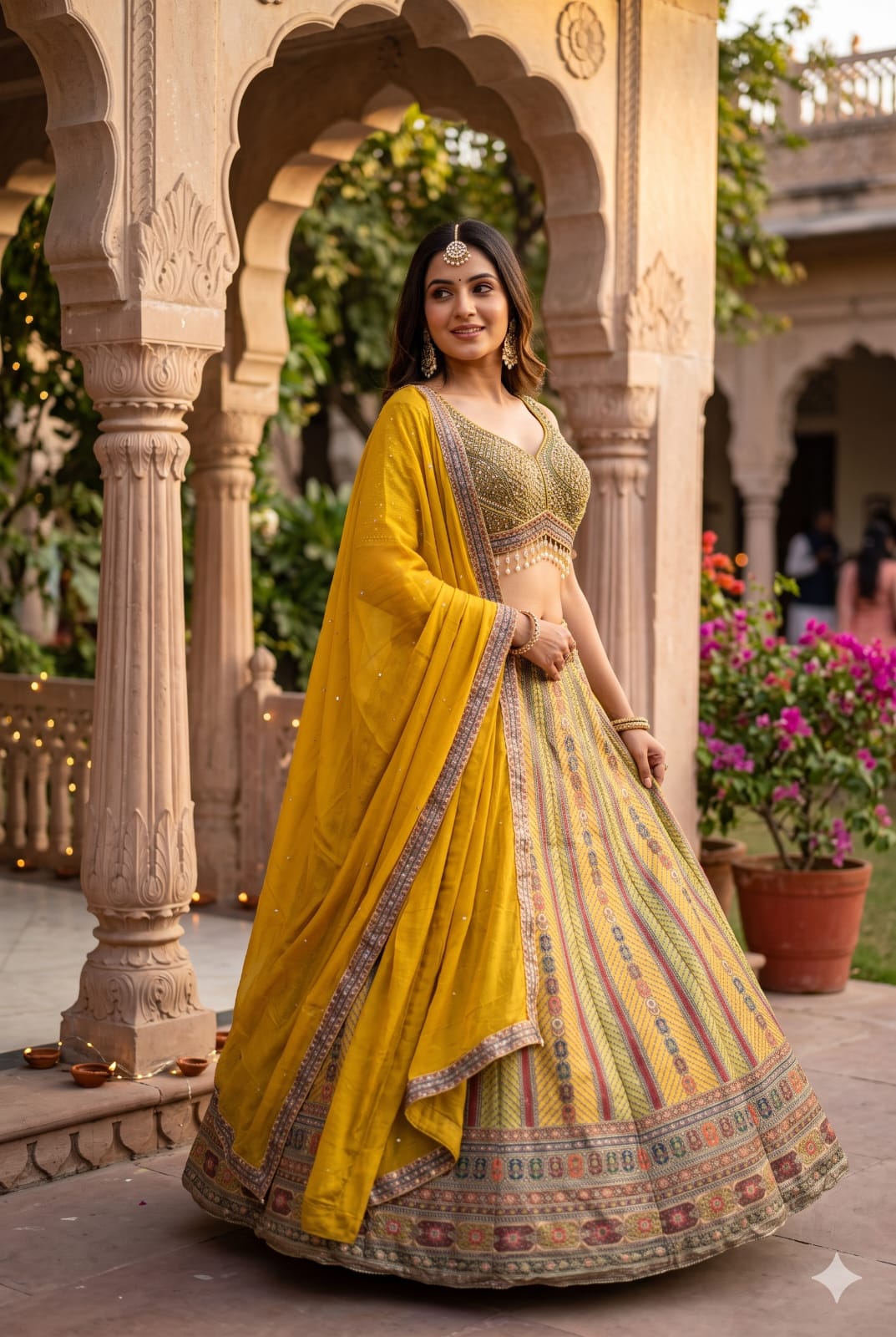 Radiant Ochre & Olive Gold Embellished Silk Lehenga Set.