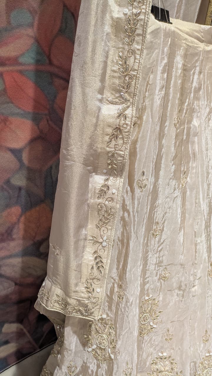 Unstitched Ivory Simmer Silk Lehenga Set with Delicate Zardozi Work.