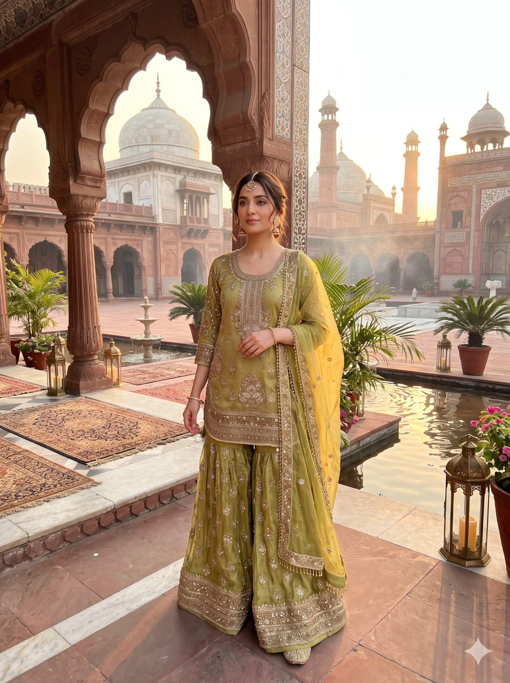 Olive Green Simmer Silk Pakistani Palazzo Suit with Heavy Zardozi Work.