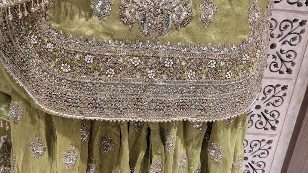 Olive Green Simmer Silk Pakistani Palazzo Suit with Heavy Zardozi Work.