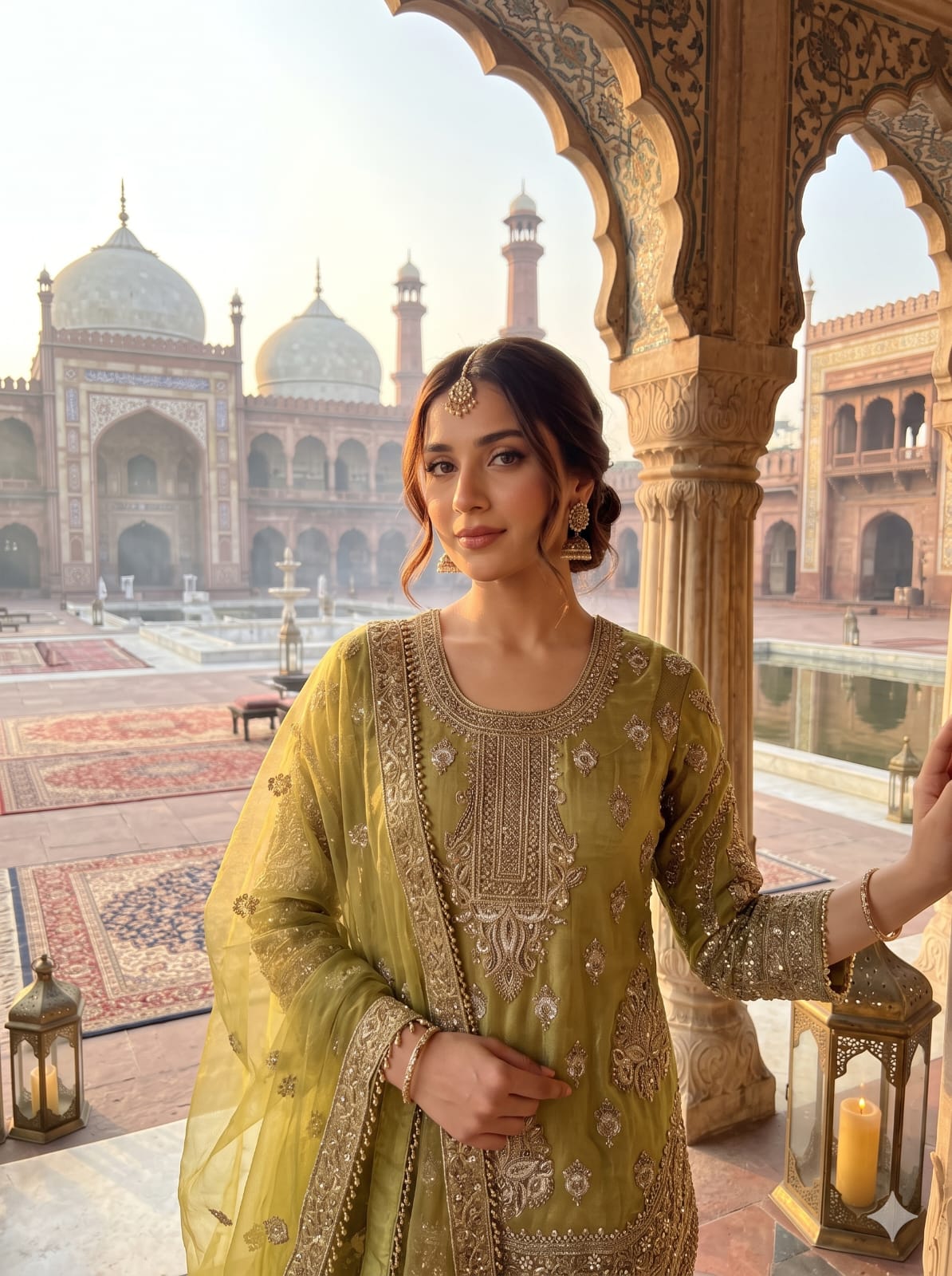 Olive Green Simmer Silk Pakistani Palazzo Suit with Heavy Zardozi Work.