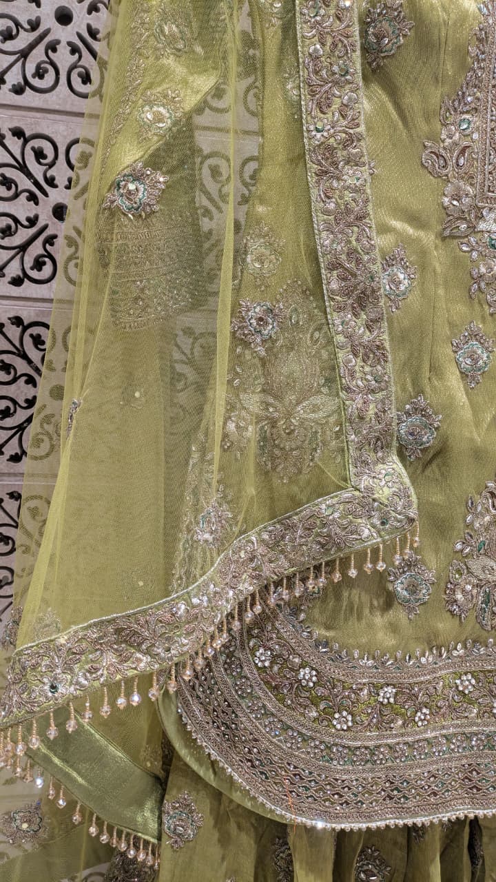 Olive Green Simmer Silk Pakistani Palazzo Suit with Heavy Zardozi Work.