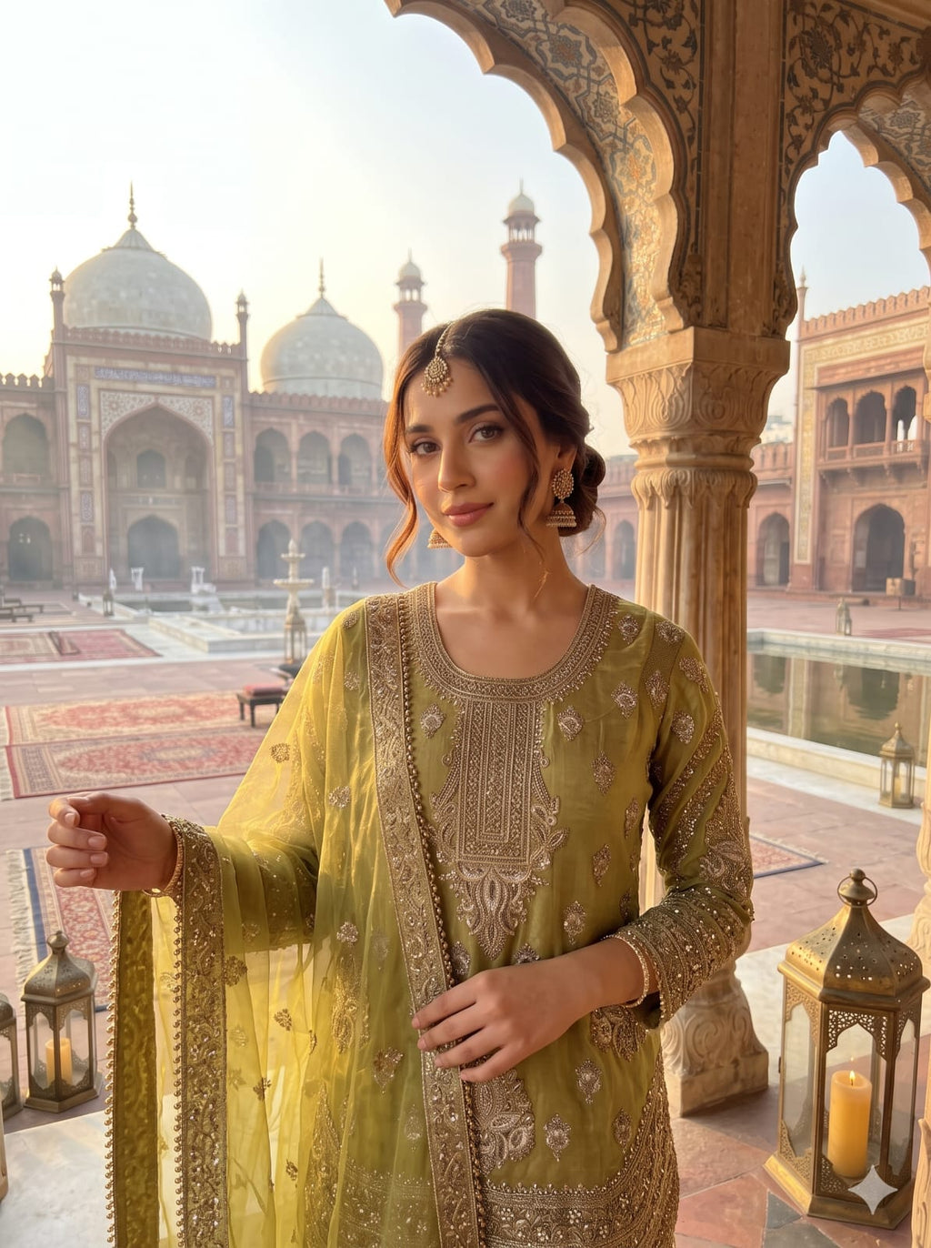 Olive Green Simmer Silk Pakistani Palazzo Suit with Heavy Zardozi Work.