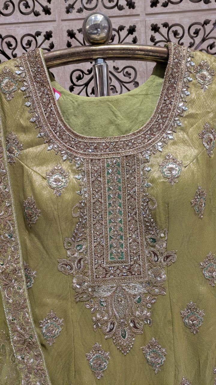 Olive Green Simmer Silk Pakistani Palazzo Suit with Heavy Zardozi Work.