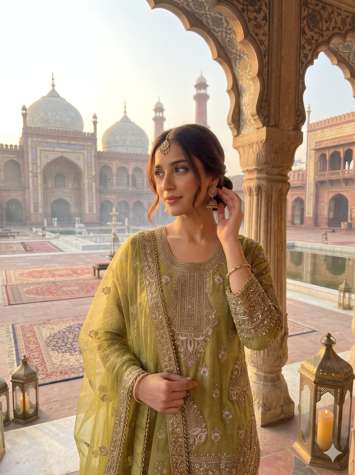 Olive Green Simmer Silk Pakistani Palazzo Suit with Heavy Zardozi Work.