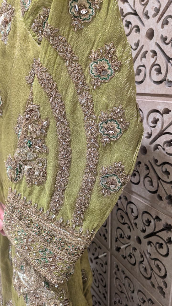 Olive Green Simmer Silk Pakistani Palazzo Suit with Heavy Zardozi Work.