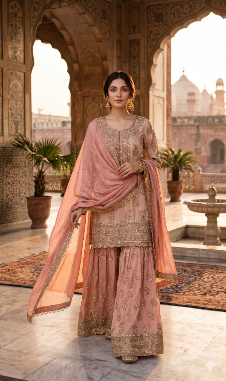 Pastel Peach Heavily Embellished Simmer Silk Short Kurta and Palazzo Ensemble.