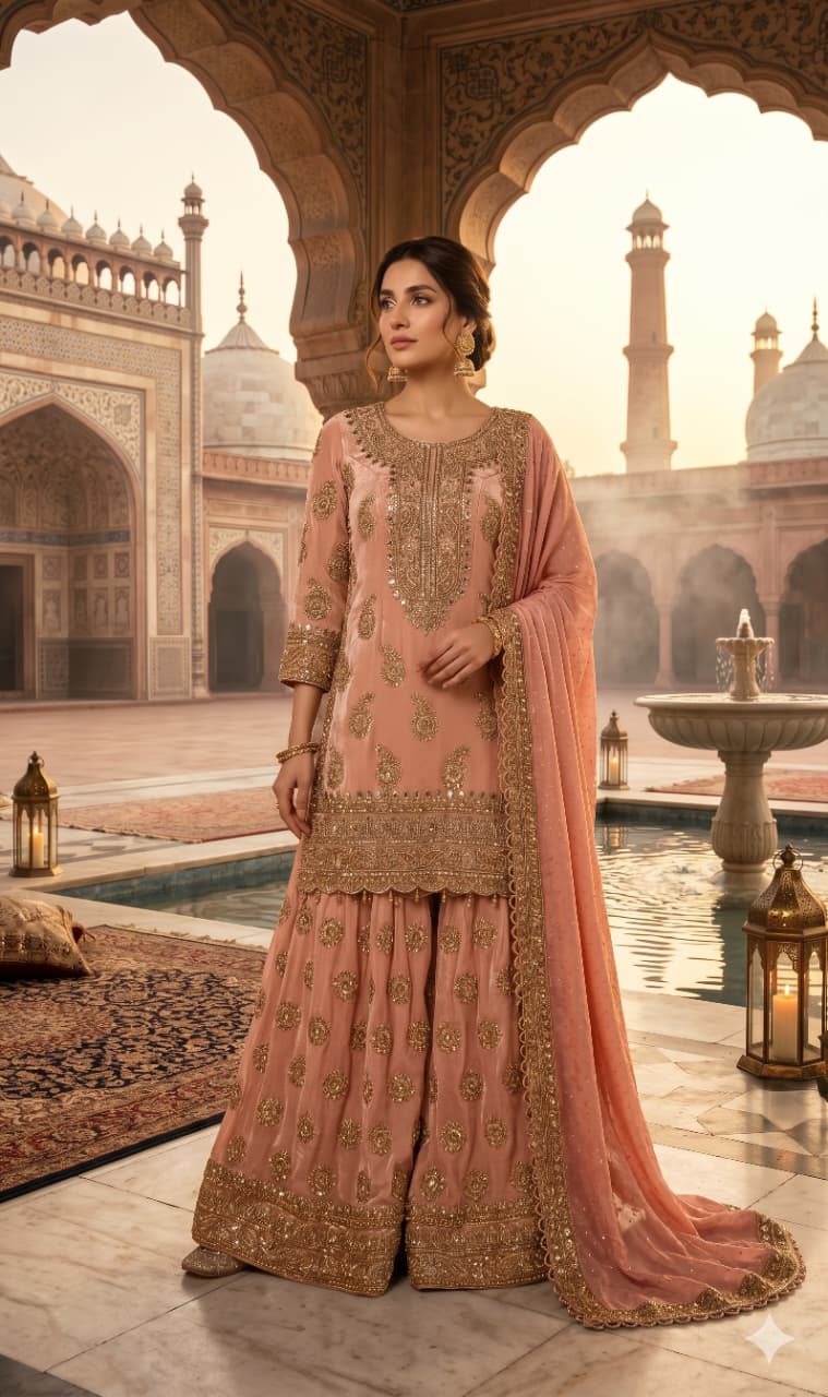 Pastel Peach Heavily Embellished Simmer Silk Short Kurta and Palazzo Ensemble.