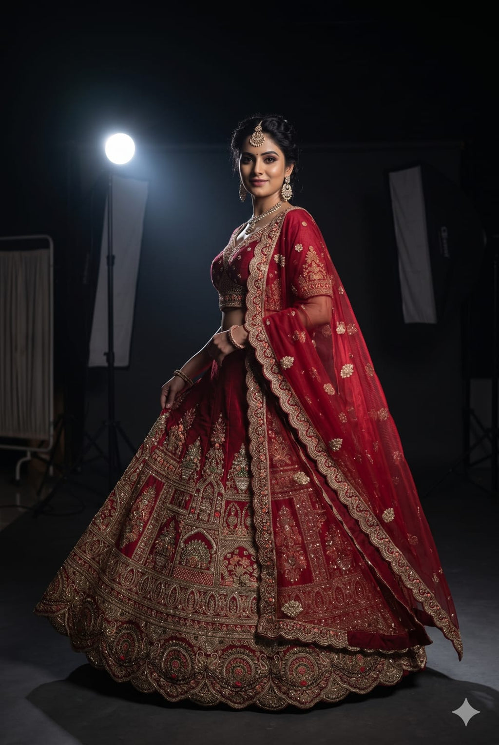 Unstitched Crimson Red Silk Bridal Lehenga with Mughal Jharokha Hand Embroidery