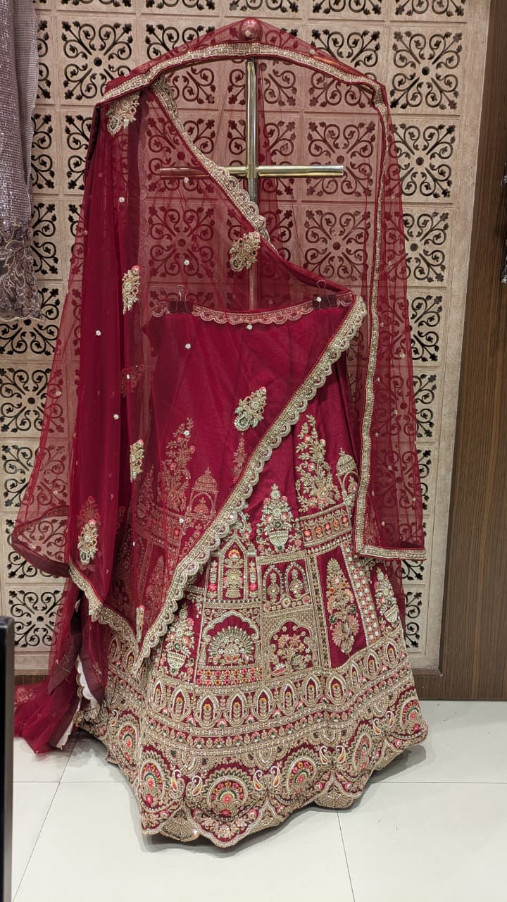 Unstitched Crimson Red Silk Bridal Lehenga with Mughal Jharokha Hand Embroidery