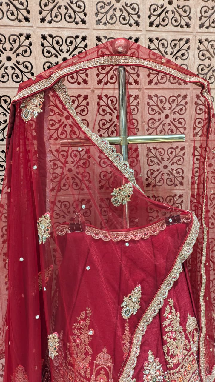 Unstitched Crimson Red Silk Bridal Lehenga with Mughal Jharokha Hand Embroidery