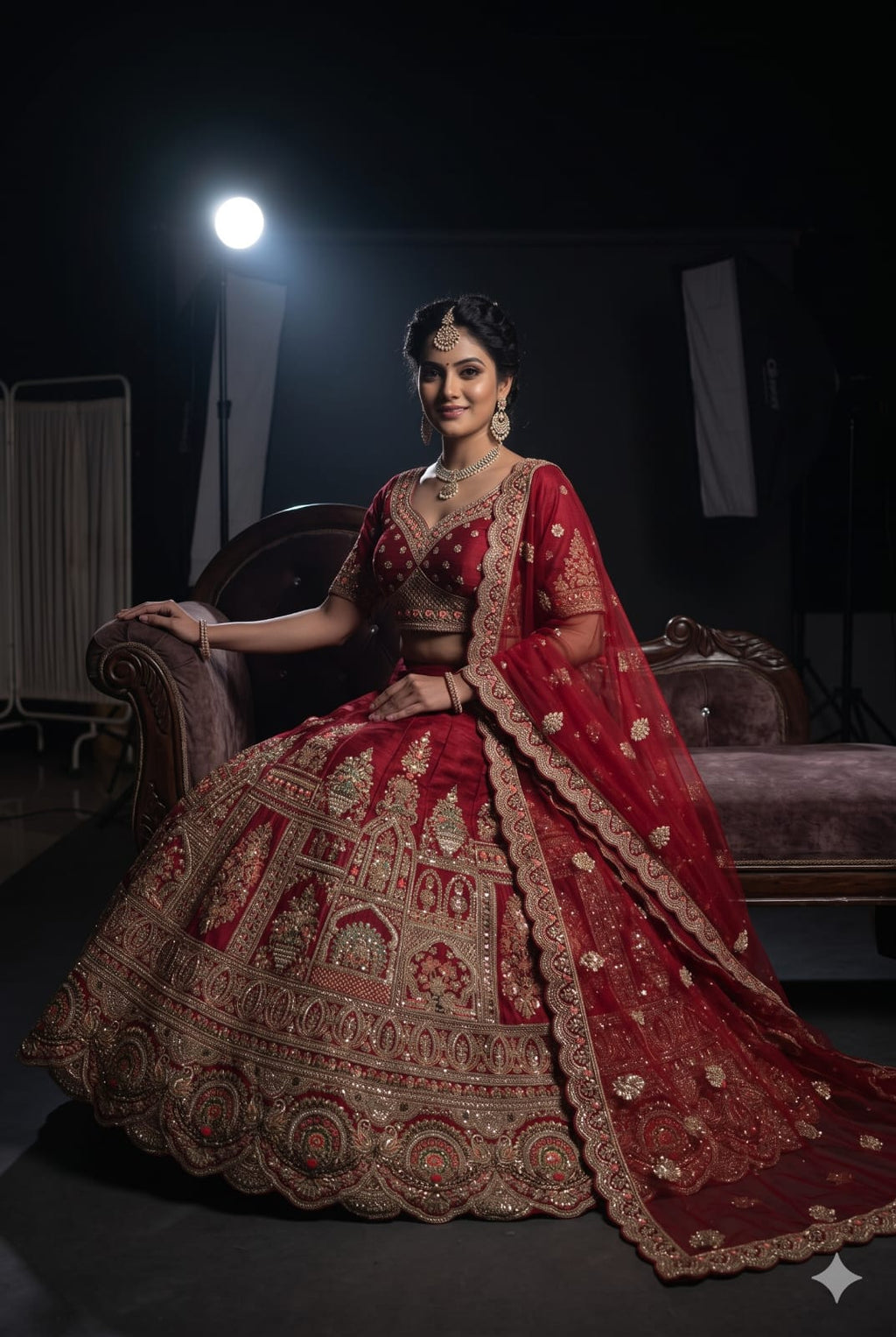 Unstitched Crimson Red Silk Bridal Lehenga with Mughal Jharokha Hand Embroidery