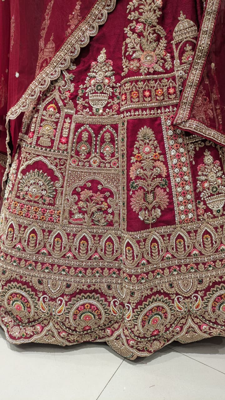 Unstitched Crimson Red Silk Bridal Lehenga with Mughal Jharokha Hand Embroidery