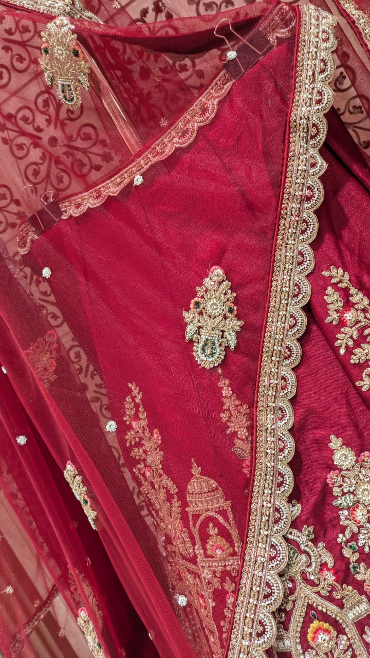 Unstitched Crimson Red Silk Bridal Lehenga with Mughal Jharokha Hand Embroidery