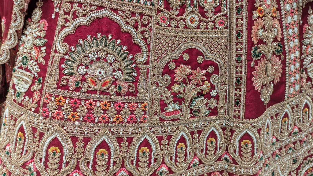 Unstitched Crimson Red Silk Bridal Lehenga with Mughal Jharokha Hand Embroidery