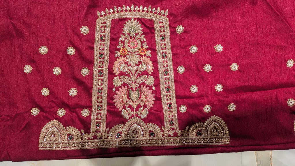 Unstitched Crimson Red Silk Bridal Lehenga with Mughal Jharokha Hand Embroidery