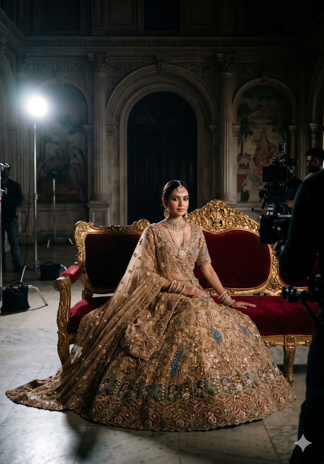Champagne Gold Net Bridal Lehenga with Hand Peacock Heritage Embroidery.