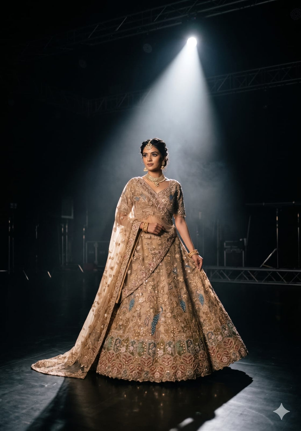 Champagne Gold Net Bridal Lehenga with Hand Peacock Heritage Embroidery.