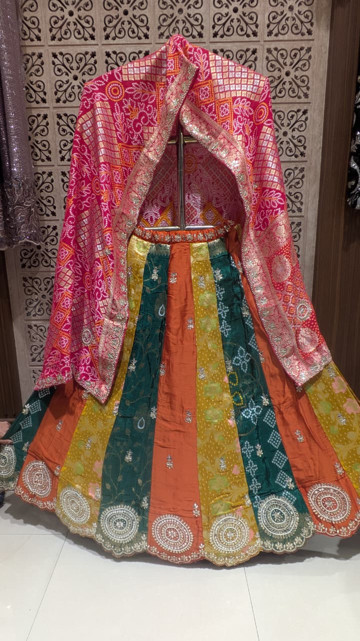 Unstitched Color-Blocked Simmer Silk Lehenga with Vibrant Patola Dupatta.