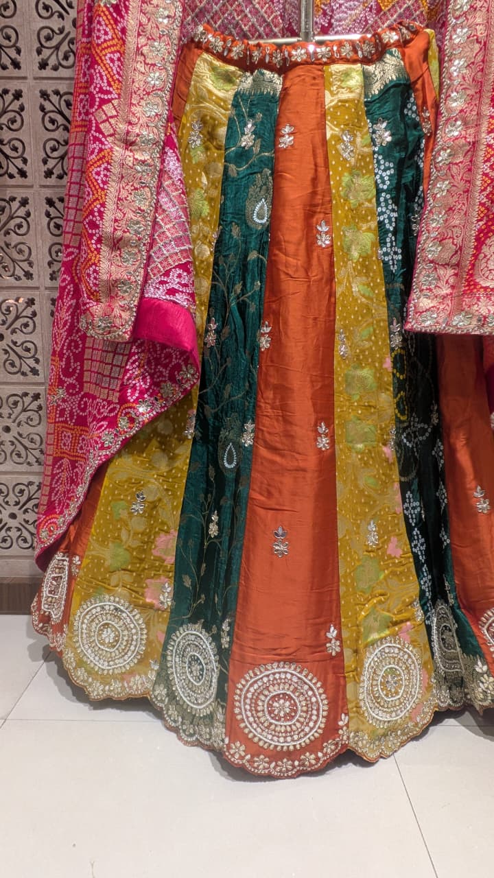 Unstitched Color-Blocked Simmer Silk Lehenga with Vibrant Patola Dupatta.