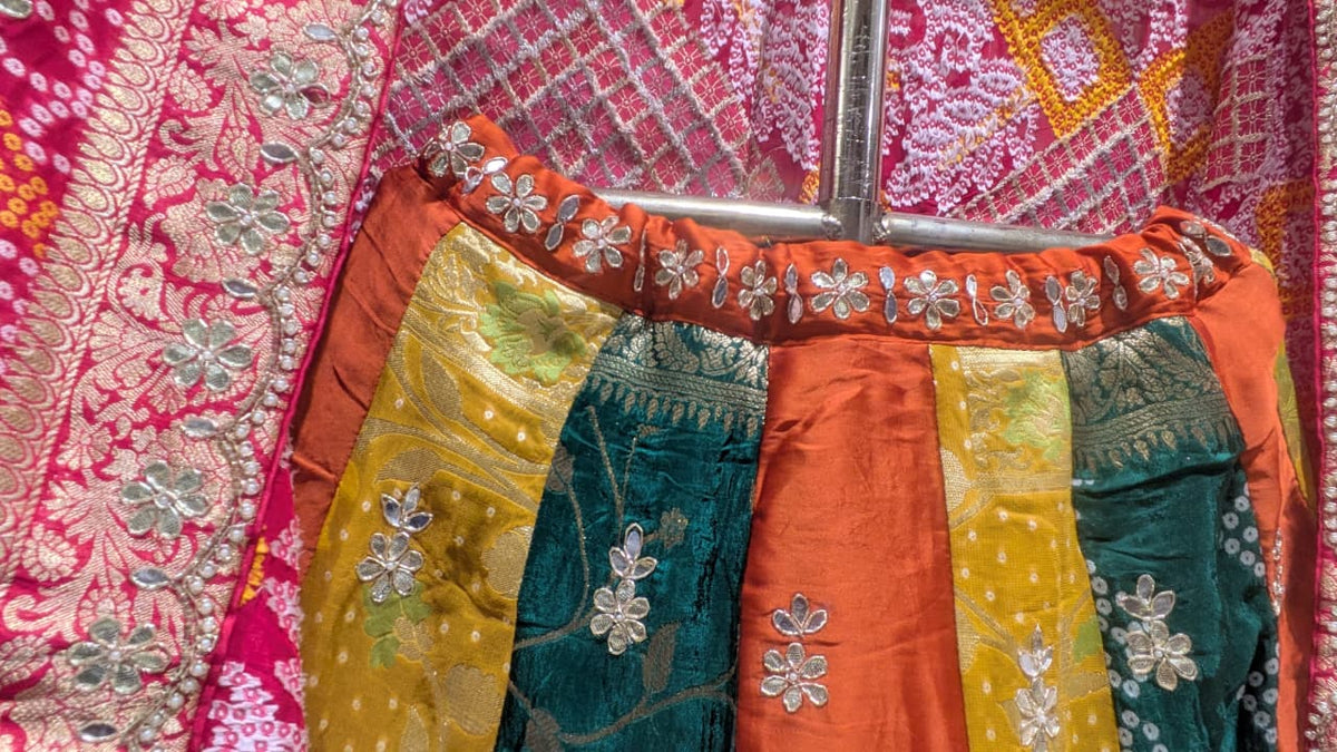 Unstitched Color-Blocked Simmer Silk Lehenga with Vibrant Patola Dupatta.