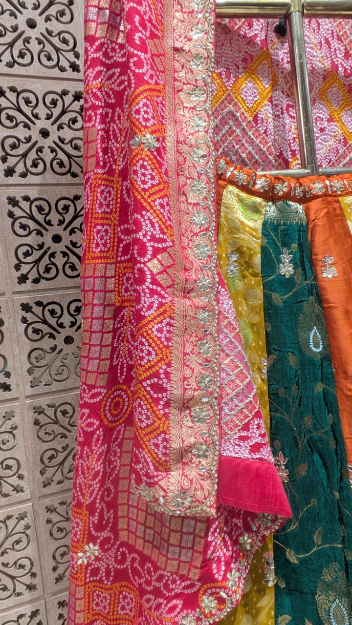 Unstitched Color-Blocked Simmer Silk Lehenga with Vibrant Patola Dupatta.