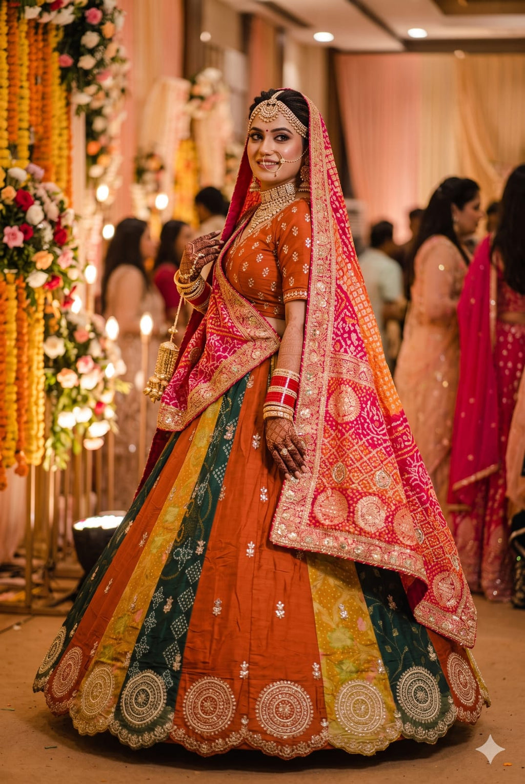 Unstitched Color-Blocked Simmer Silk Lehenga with Vibrant Patola Dupatta.