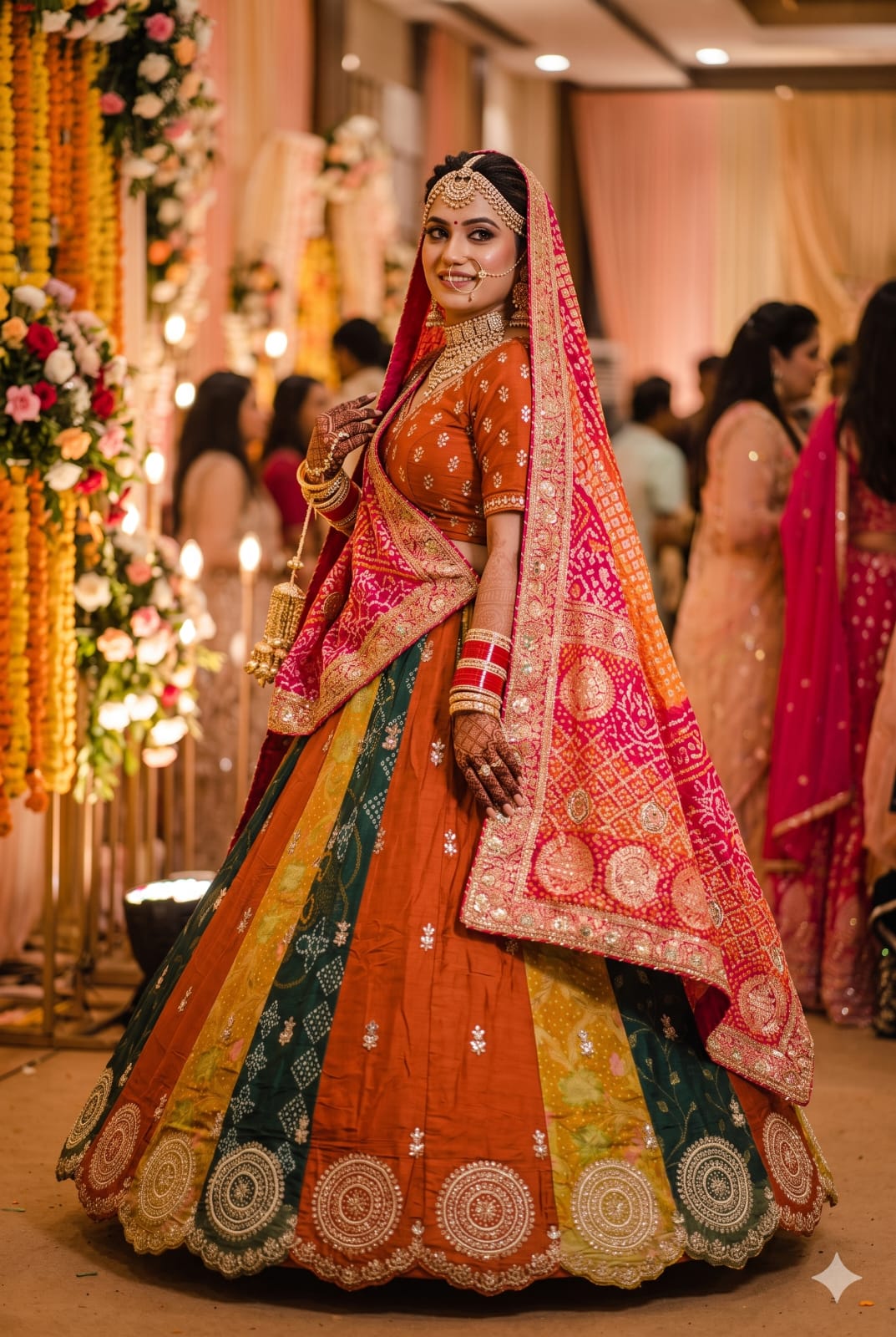 Unstitched Color-Blocked Simmer Silk Lehenga with Vibrant Patola Dupatta.