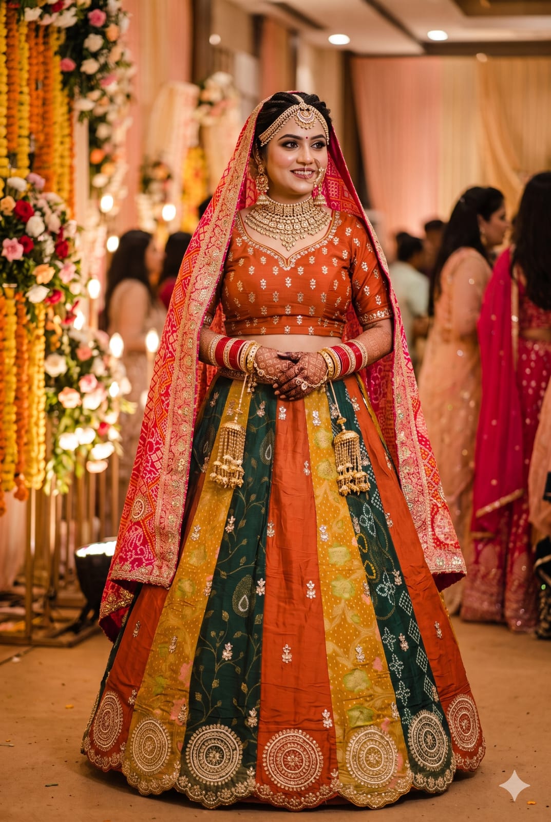 Unstitched Color-Blocked Simmer Silk Lehenga with Vibrant Patola Dupatta.