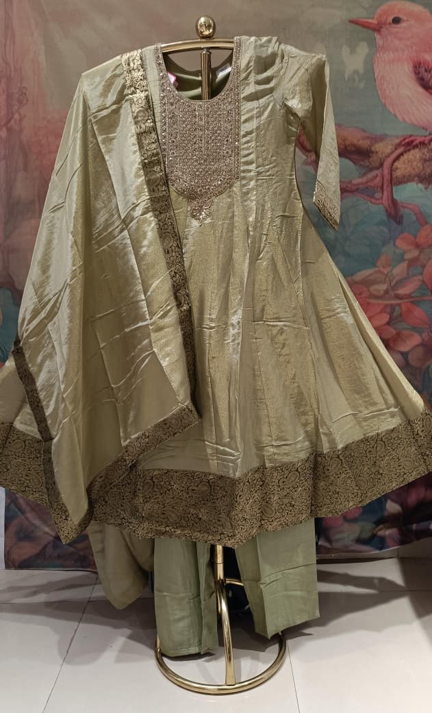 Olive Gold Flared Anarkali Kurta and Pant Set.