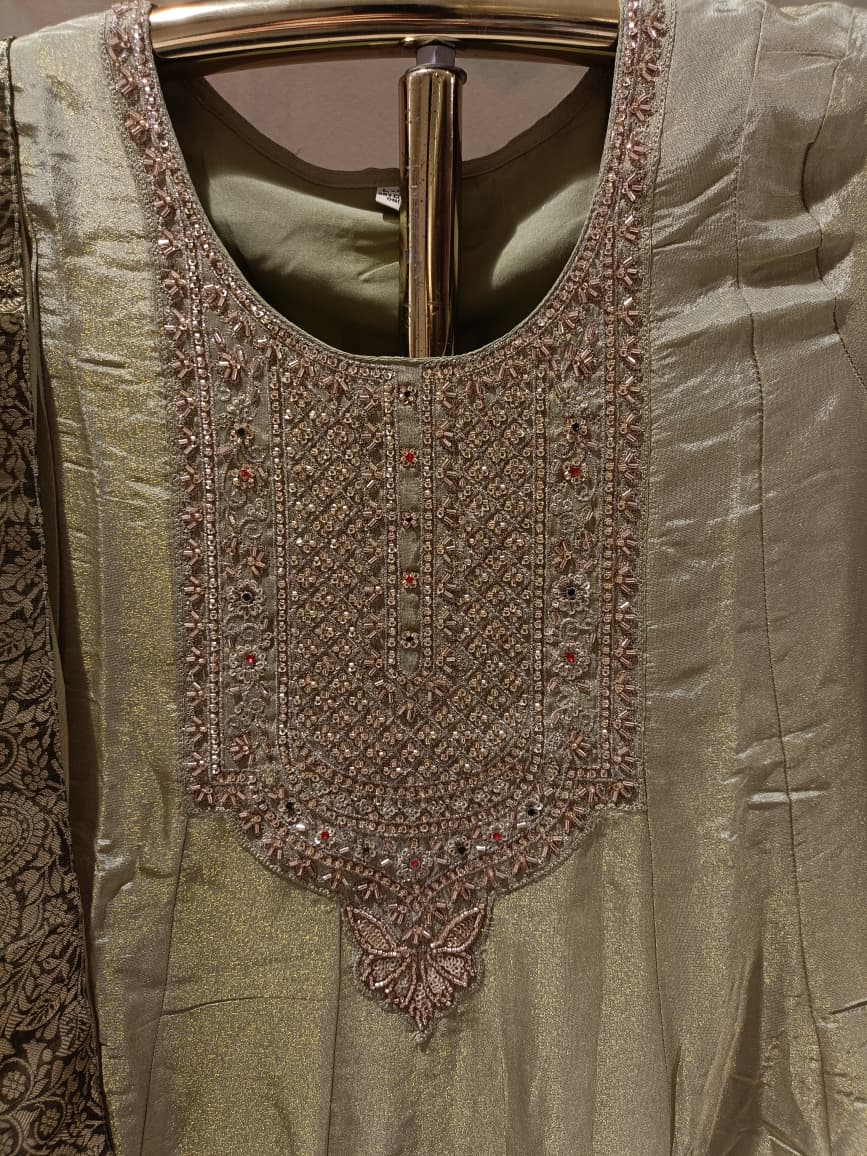 Olive Gold Flared Anarkali Kurta and Pant Set.
