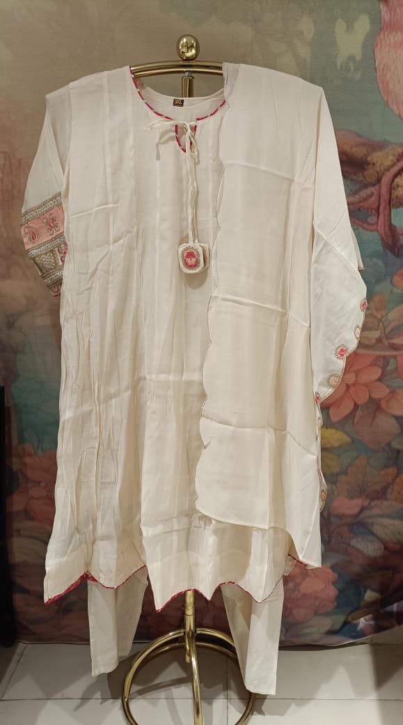 Off White Mul Cotton Anarkali-Style Flared Kurta and Pants Set Plus Size.